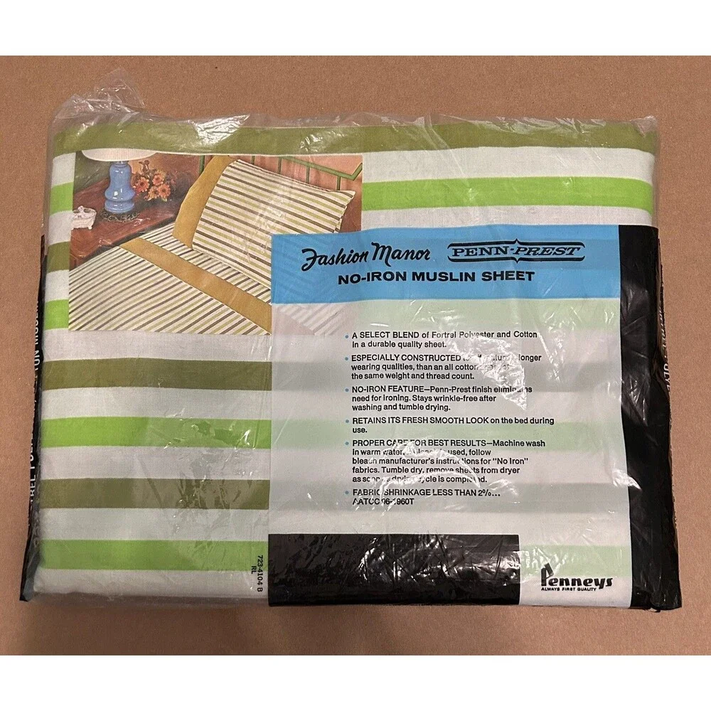 Vintage Penn-Prest JC Penny Fashion Manor Green Striped Full & Flat sheet Muslin
